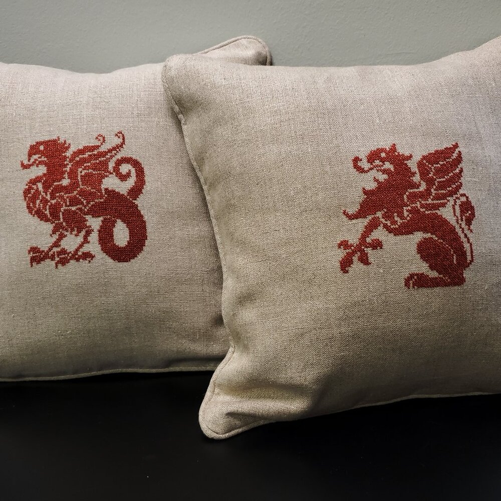 English Country Manor Heraldic Linen Accent Pillows - set of two
